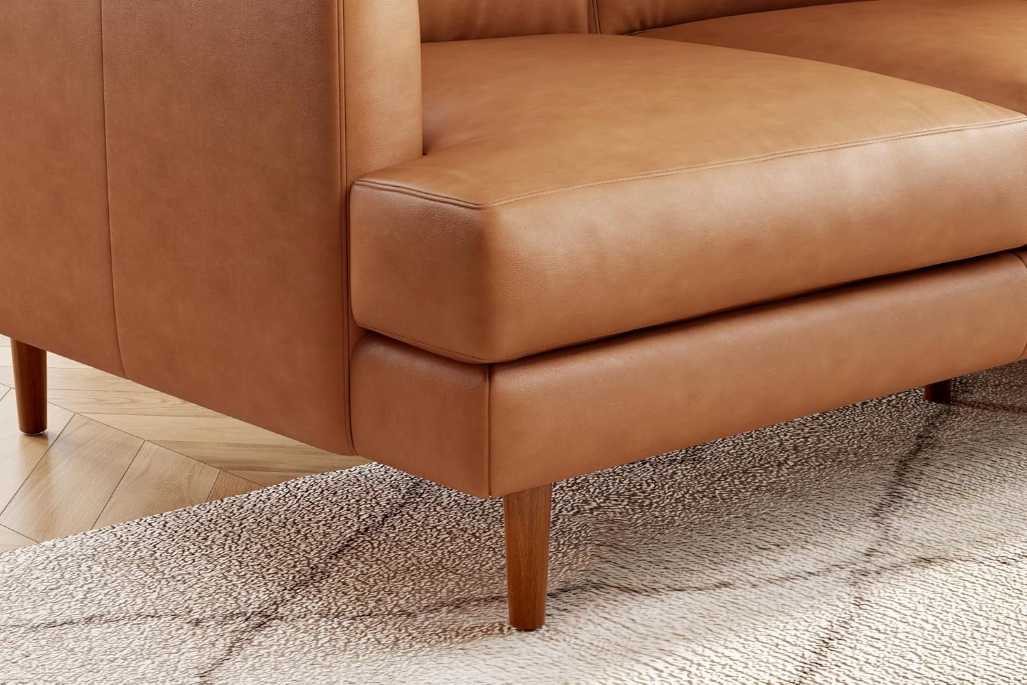 Valencia Grosseto 87” Cognac Tan Brown 3 Seater Full Leather Sofa | Mid Century Italian Nappa Leather Couch for Living Room Furniture | Double Stitched Seams, Removable Cushions - Image 4