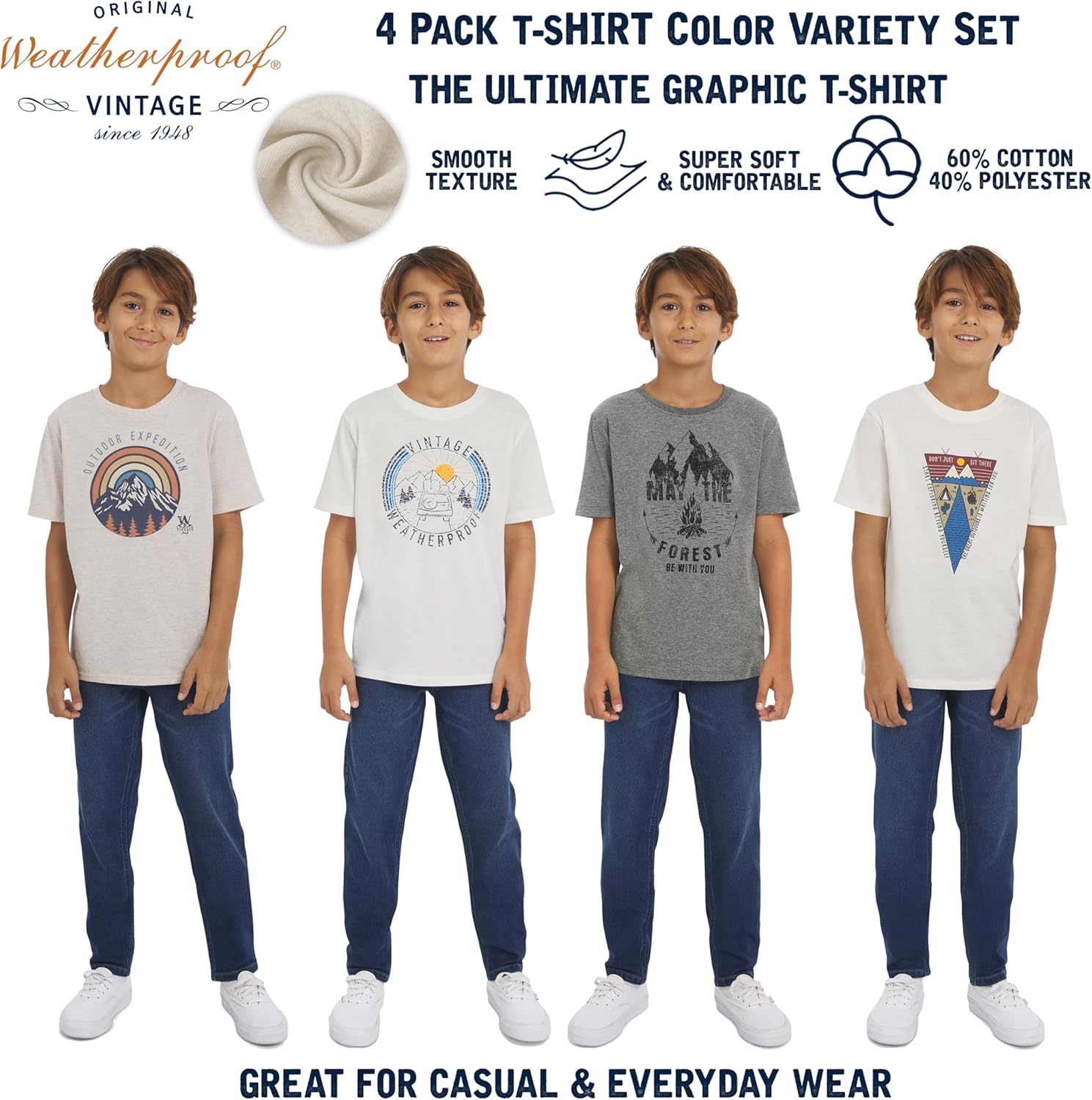 Weatherproof Vintage Boys' 4 Pack Variety Super Soft Stretchable Tee Short Sleeve Graphic T-Shirt - Image 2