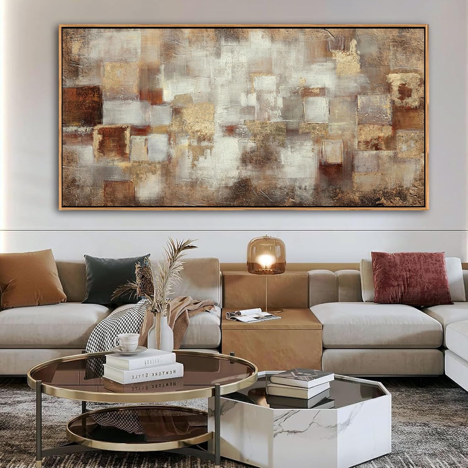 YCPRIMER Gold Abstract Wall Art - Extra Large Canvas Wall Decor for Living Room - Modern Grid minimalist Picture Artwok - Oil Painting Print for Bedroom Office Decoration 29×58INCH - Image 3