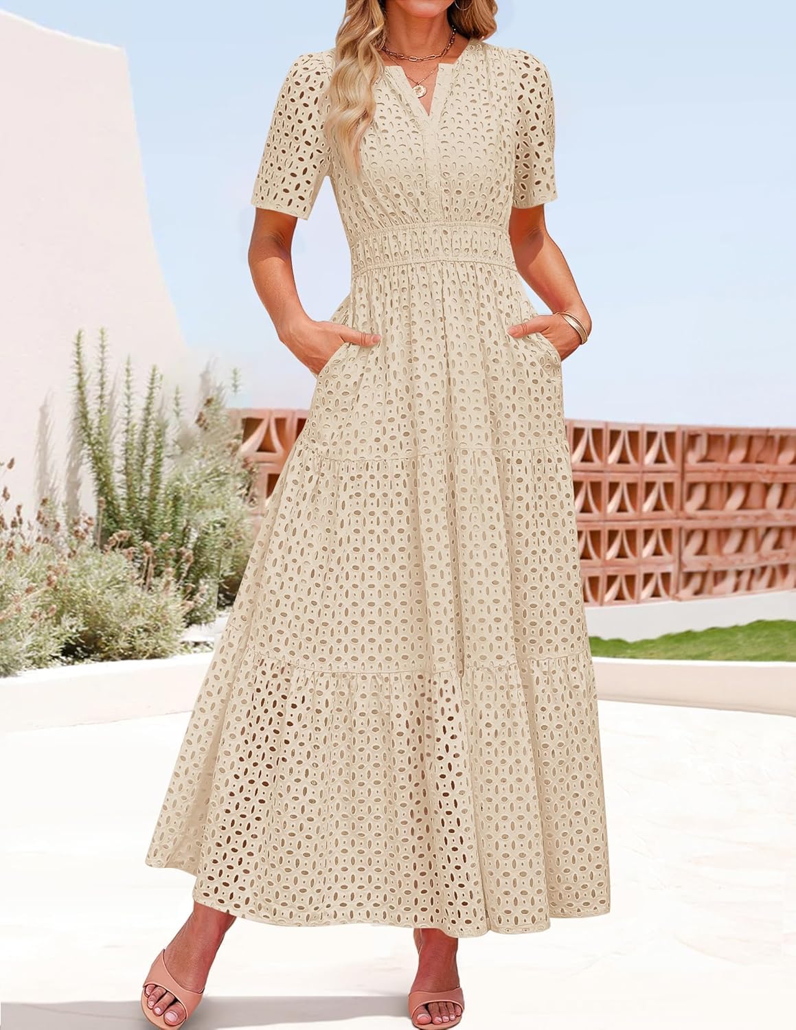 ZESICA Women's 2026 Summer Short Sleeve Maxi Dress Casual V Neck Hollow Out Eyelet Ruffle Swing A Line Long Dresses - Image 3