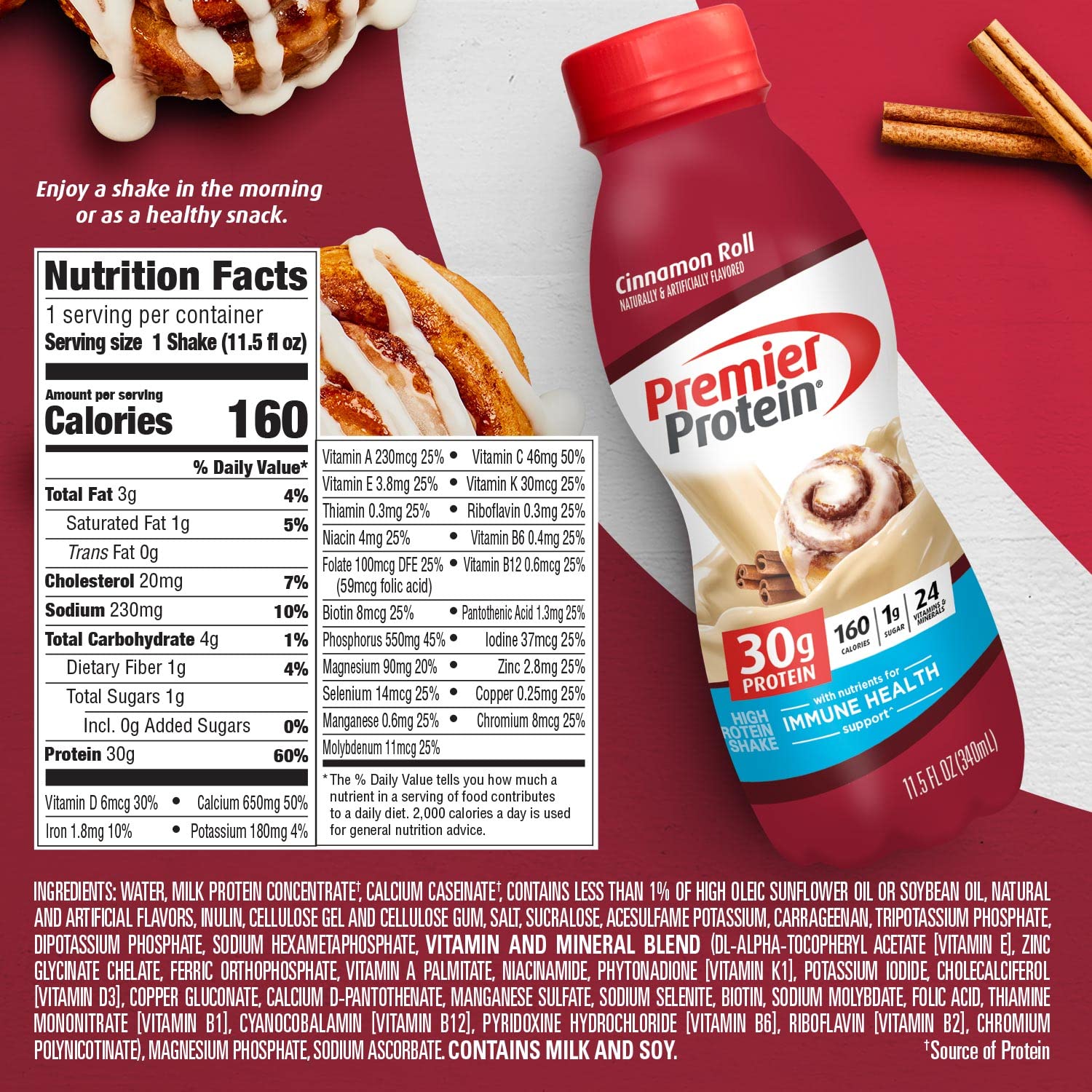 Premier Protein Shake, Cinnamon Roll, 30g Protein, No Added Sugar, 24 Vitamins & Minerals to Support Immune Health, 11.5 fl oz, 1 Pack (Packaging May Vary) - Image 2