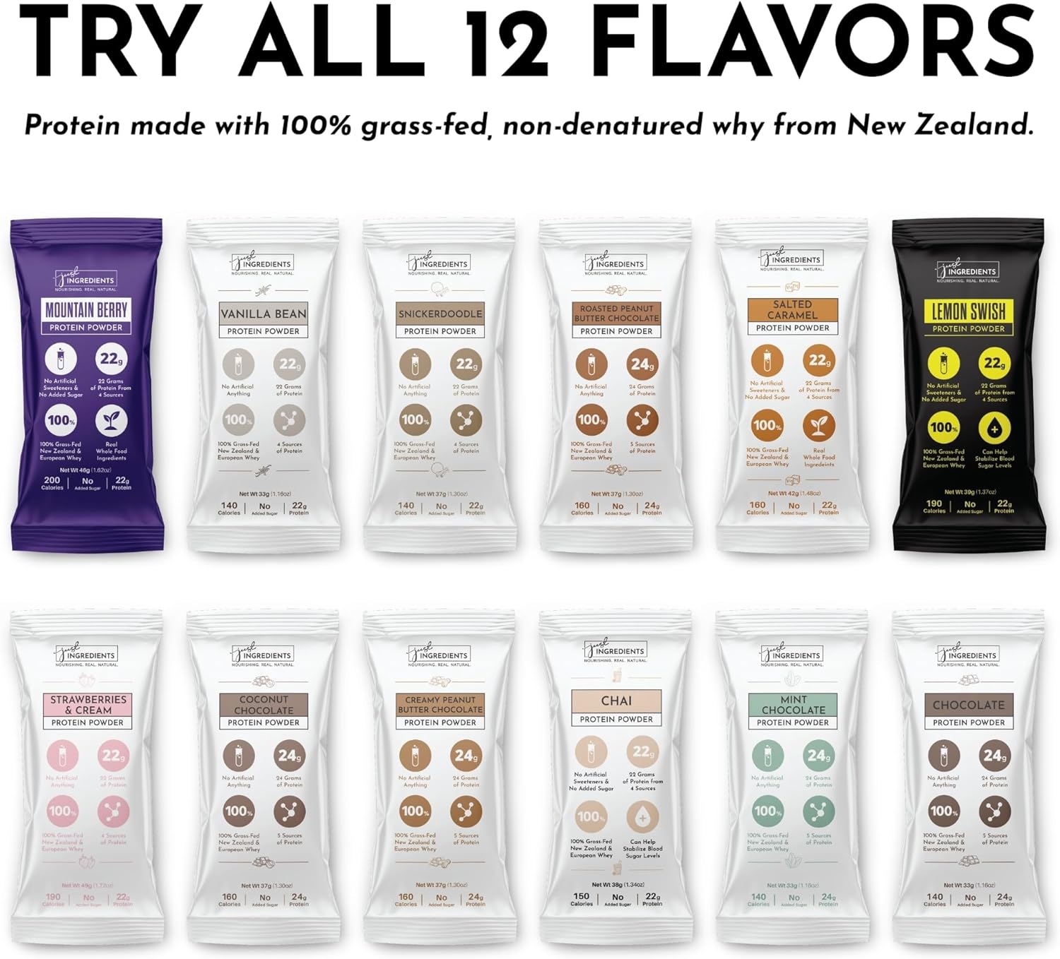 Protein Powder Made with 100% Grass Fed, Non Denatured Whey | Four Different Protein Sources from Organic Whole Food Ingredients | 12 Servings | 22g Protein (12 Servings, Sample Variety Pack) - Image 2