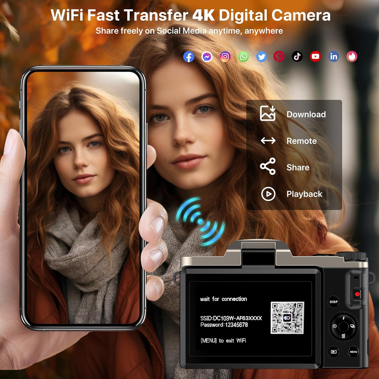 4K Digital Camera for Photography 64MP WiFi Vlogging Camera for YouTube Autofocus 3" 180° Flip Screen 16X Zoom Compact Travel Cameras with Anti-Shake, SD Card, 2 Batteries & Battery Charger - Image 4
