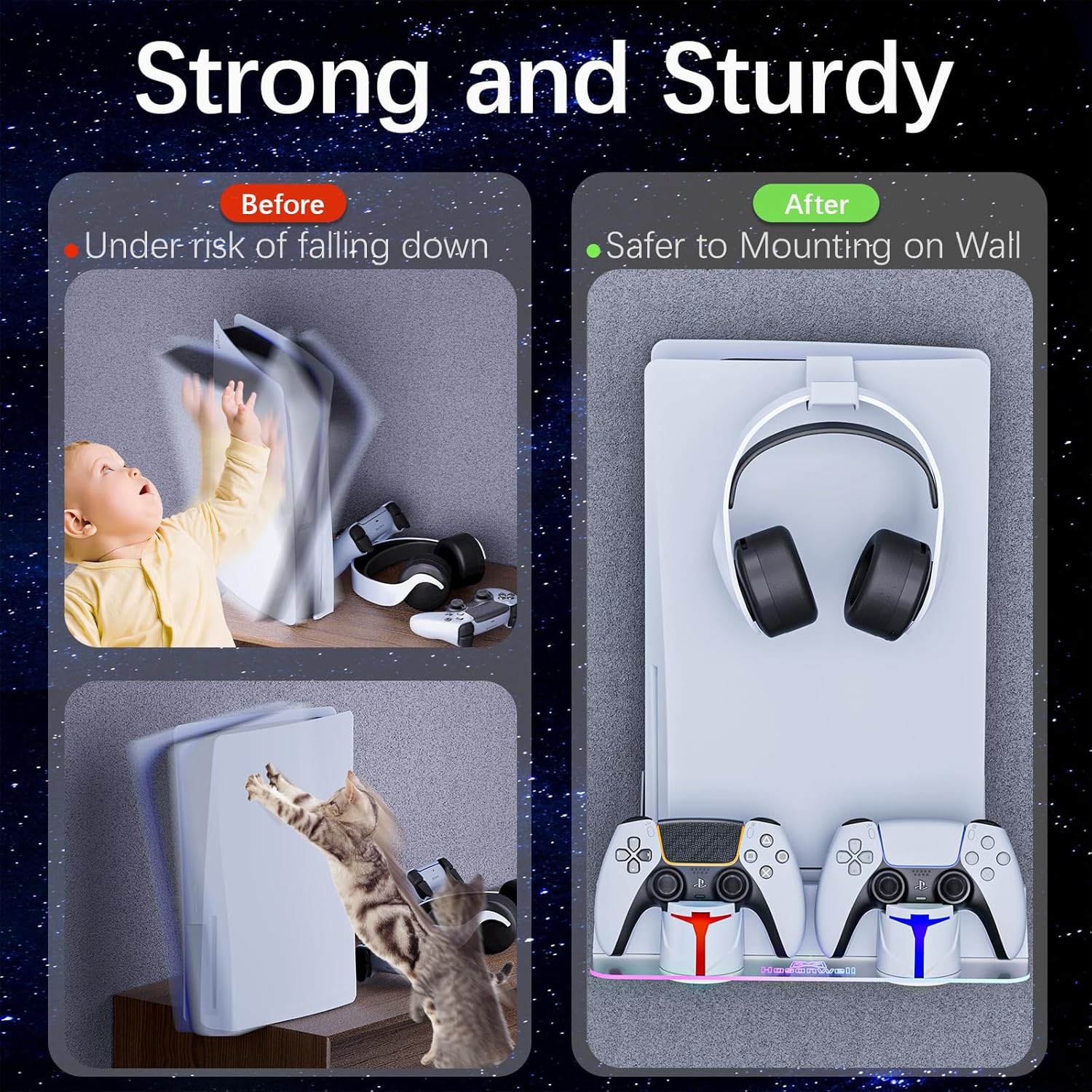 Hosanwell PS5 Wall Mount Kit with Charging Station, Compatible with PlayStation 5/Slim/Pro Disc & Digital Version, Dual Use Charging Station with Multi-Mode RGB Light, White - Image 4