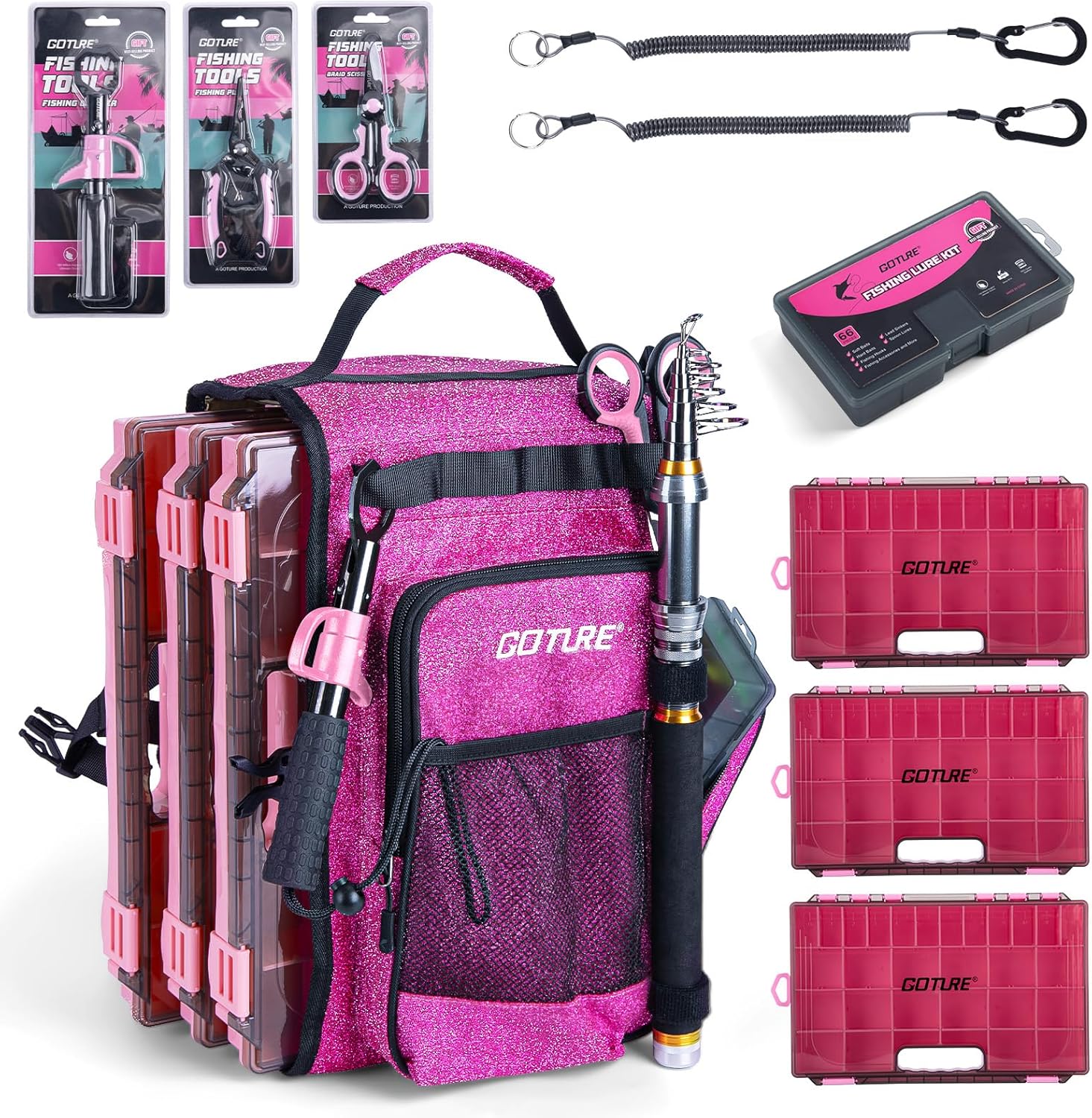 Goture OpenSide Fishing Sling Tackle Storage Bag with 3 3700 Tackle Boxes,Lures & Fishing Tools, Lightweight Fishing Backpack Storage for Fishing Gear-Shimmering Pink Bag, Gift for Women - Image 2