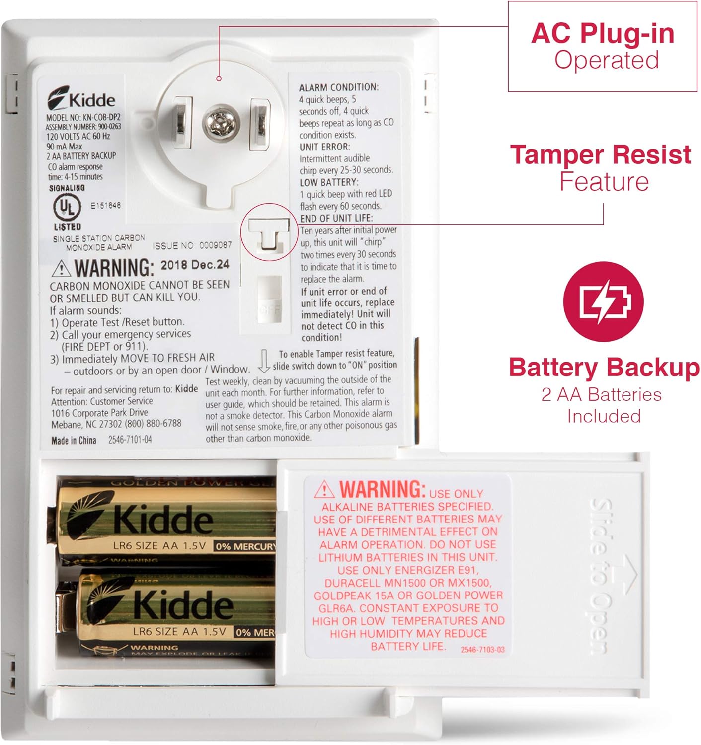 Kidde Carbon Monoxide Detector, Plug in Wall with AA Battery Backup, Test-Hush Button - Image 3