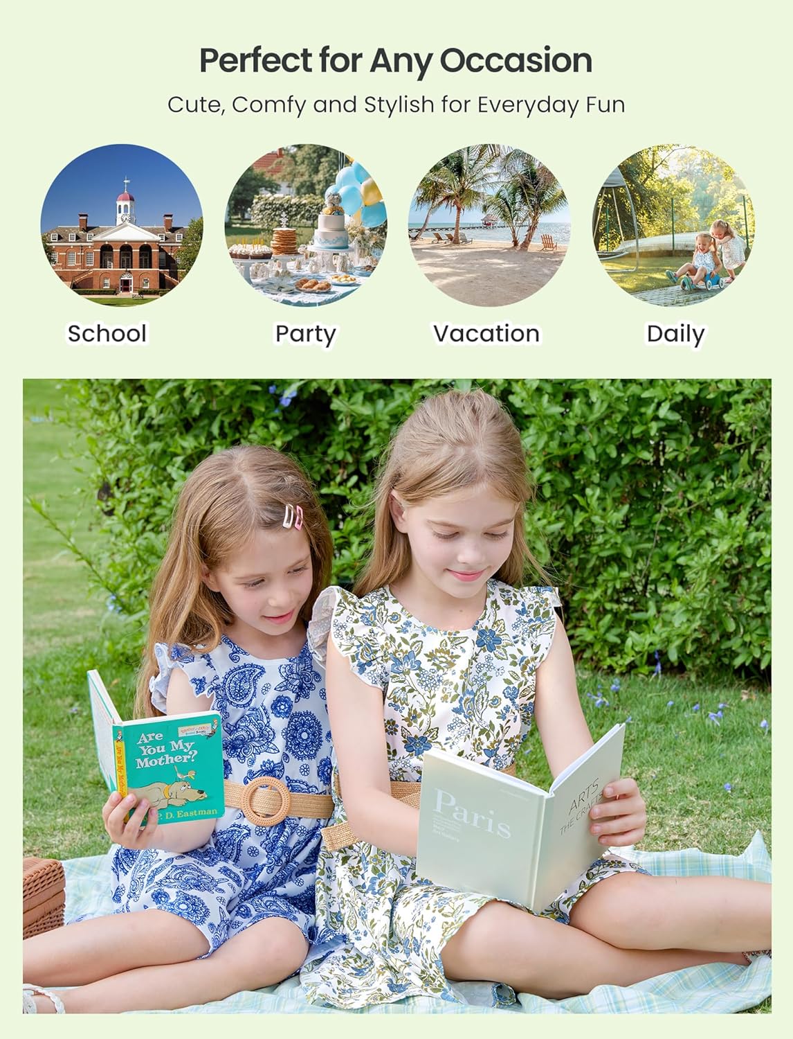 PATPAT Little Big Girls Dress Vintage Boho Floral Ruffle Short Sleeve Casual Swing Dress with Braided Belt - Image 6