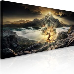 TAILORED CANVASES Burning Bush Faith Wall Art, Glowing Tree of Life Canvas – Mystical Fantasy Mountain Landscape Prints, Surreal Nature-Inspired Spiritual Wall Decor for Living Room or Bedroom 48×24