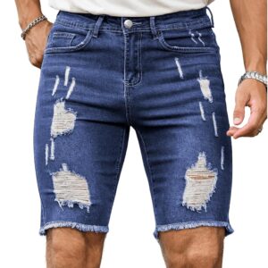 Verdusa Men’s Jean Shorts Straight Leg Ripped Raw Trim Denim Shorts Slim Fit Stretch Jorts