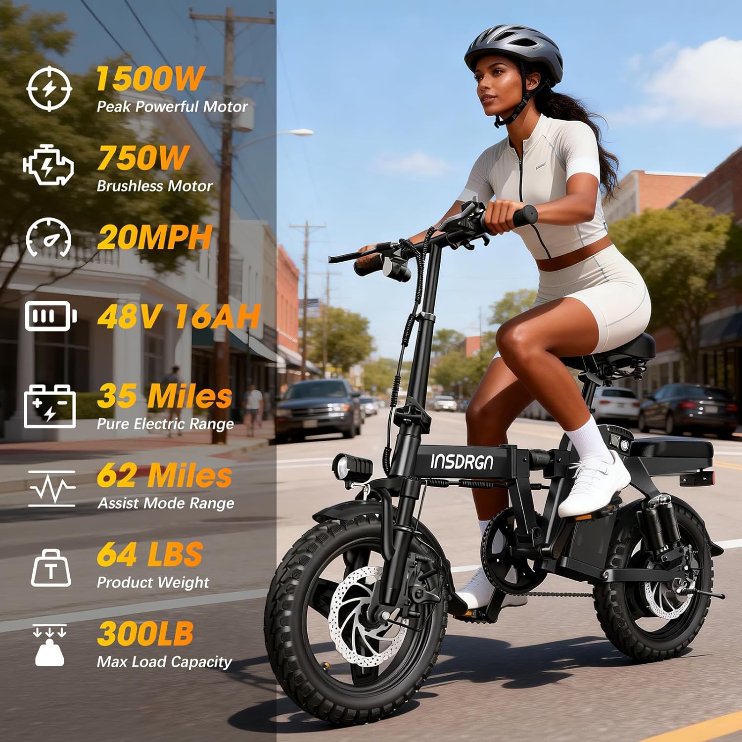 14" Folding Electric Bike for Adults, Peak 1500W Motor,20MPH Max Speed,48V 16Ah Removable Battery Electric Bike, 35/62Miles Max Range, UL 2849 Certified E Bike - Image 2