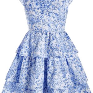 Girl’s Floral Summer Dress Ruffle Shirred High Waist Ruched Sweetheart A Line Spring Dress