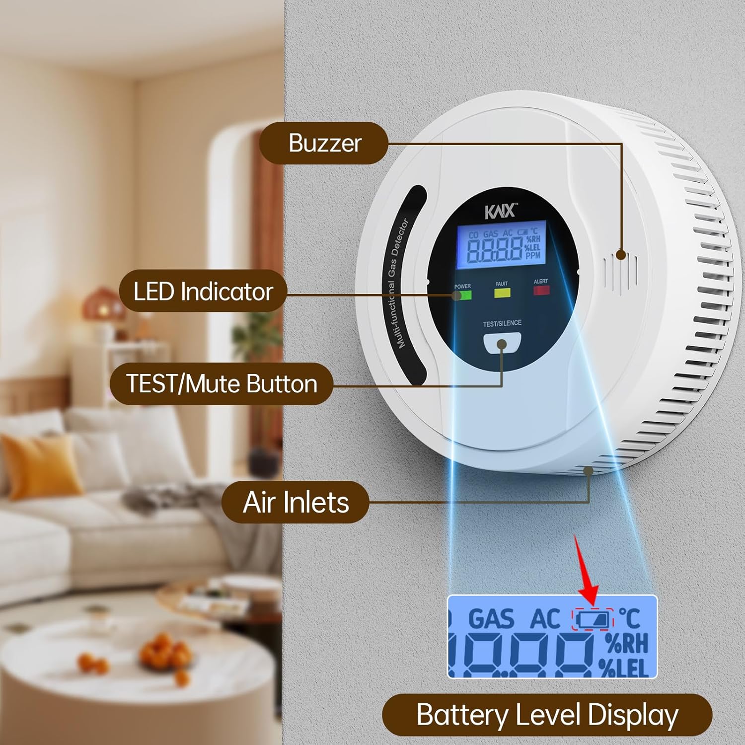4-In-1 Carbon Monoxide Detectors, Natural Gas Detector and Propane Detector Battery Powered, with Temper Sensor,Digital Display, CO Monitor, Methane,Propane, CO Detector, Gas Leak Detector for Home,RV - Image 3