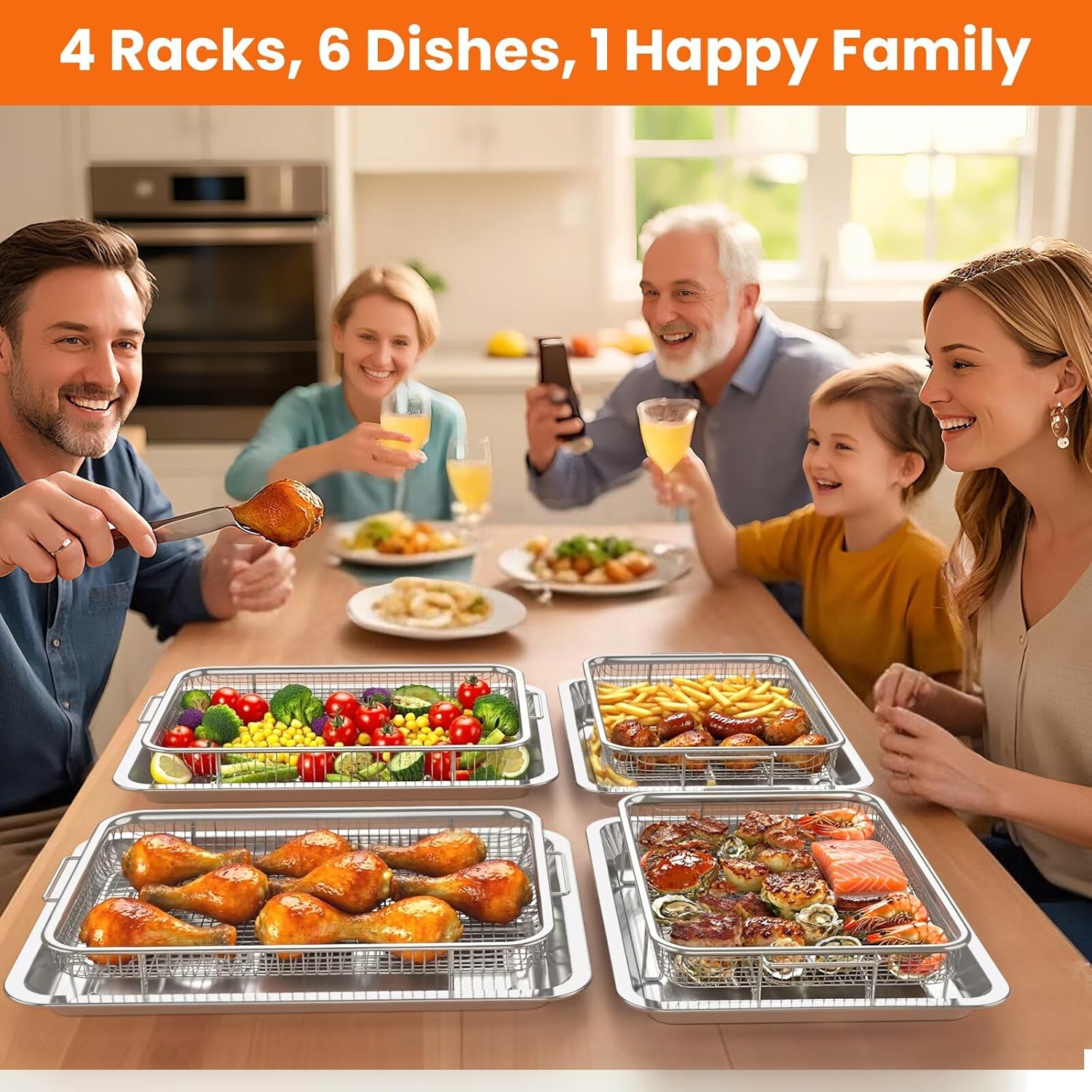 Air Fryer Basket for Oven, 2 Set Stainless Steel Pan & Crisper Tray (15"x11" &12.8"x9.7") with 60 Parchment Papers, Family-Size Non-Stick Oven Basket for Baking Chicken, Fries, Dishwasher Safe - Image 2