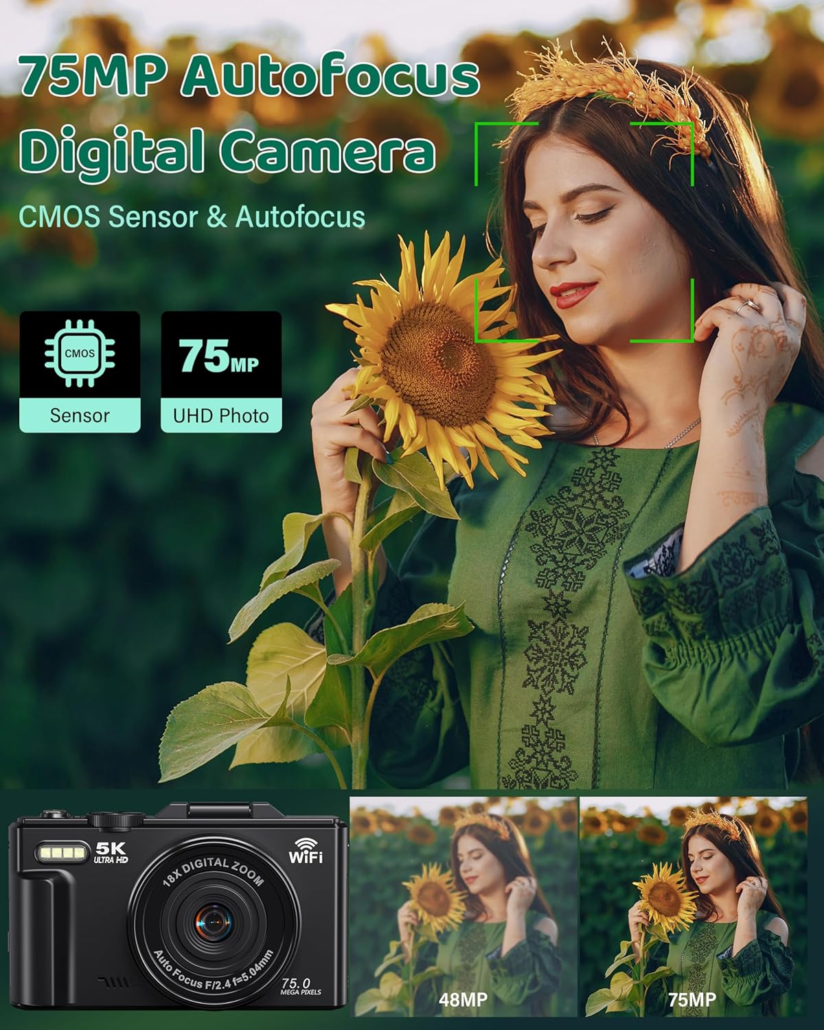 5K Digital Camera - WiFi 75MP Cameras for Photography - UHD Vlogging Camera for YouTube with 3" 180° Flip Screen - Autofocus Compact Video Travel Camara with 18X Zoom, 32GB SD Card, 2 Batteries - Image 2