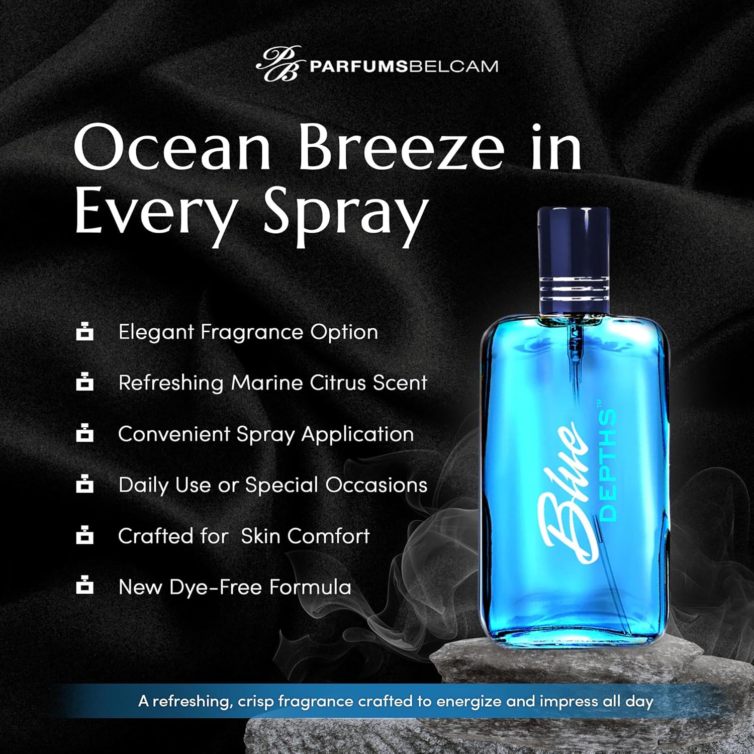 PB ParfumsBelcam Blue Depths Eau de Toilette Fragrance Spray - 3.4 Fl Oz. Fresh Aquatic Cologne for Men with Crisp Citrus, Warm Musk & Amber Scent, Crafted with Premium Oils for Day & Night Use - Image 3