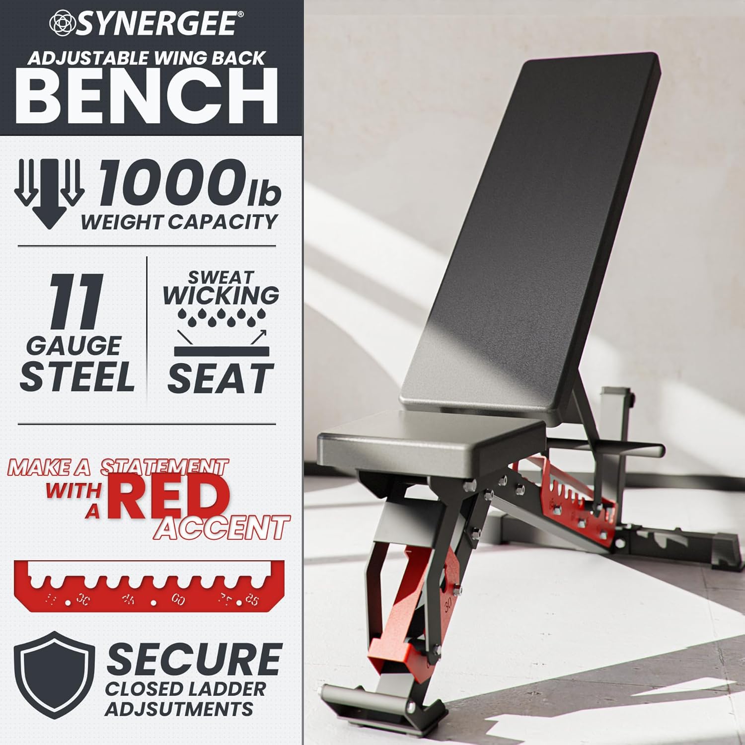 Synergee Adjustable Wing Back Workout Bench. Weight Bench for Dumbbell & Barbell Press Exercises & Workouts. Great for Commercial, Garage and Home Gym. - Image 2