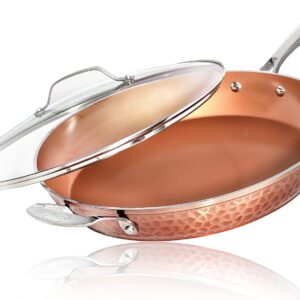 Gotham Steel Hammered Copper 14 Inch Non Stick Frying Pan with Lid, Nonstick Frying Pan with Ceramic Coating and Induction Plate for Even Heating, Oven / Dishwasher Safe, 100% Healthy & Non Toxic