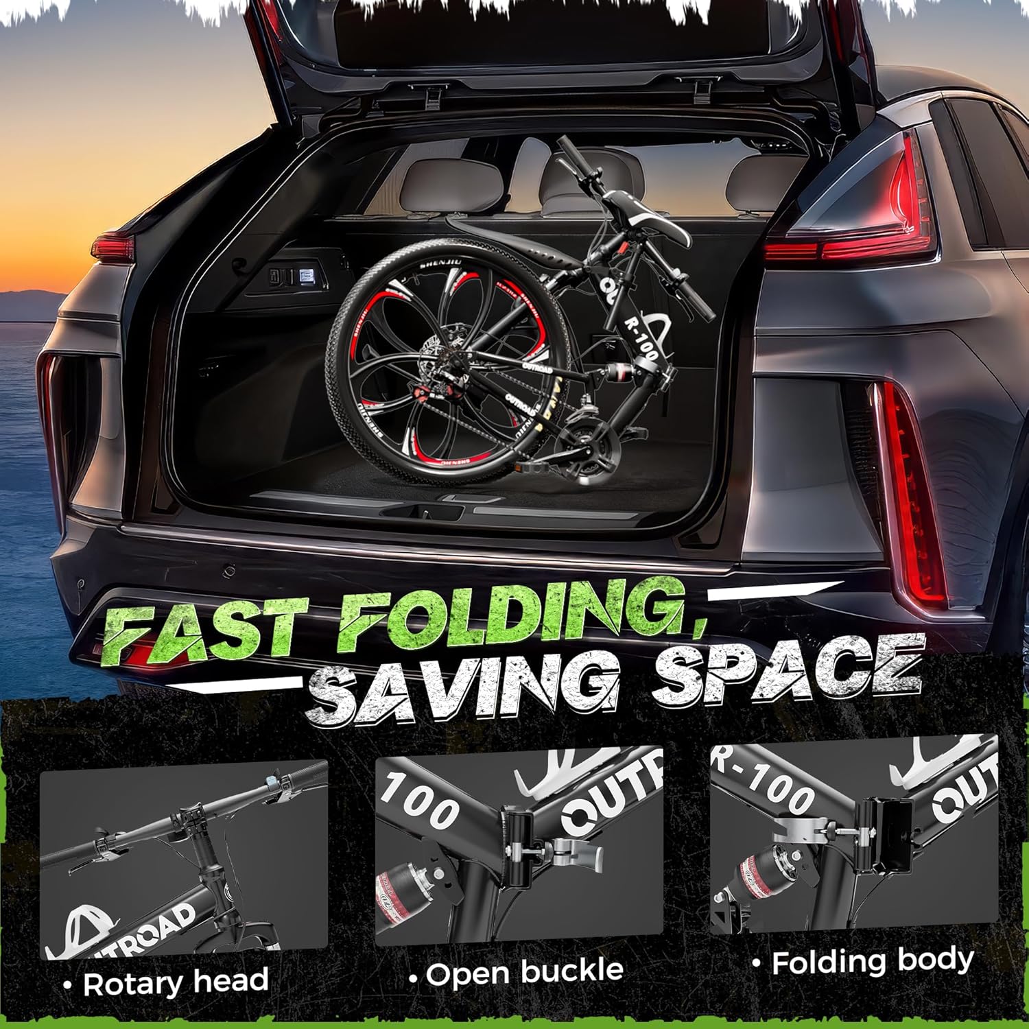 26 Inch Adult Folding Bikes, Mountain Bicycles with Full Suspension, Dual Disc Brake, High Carbon Steel Frame, Foldable Bike for Men/Women/Teen, Black - Image 3