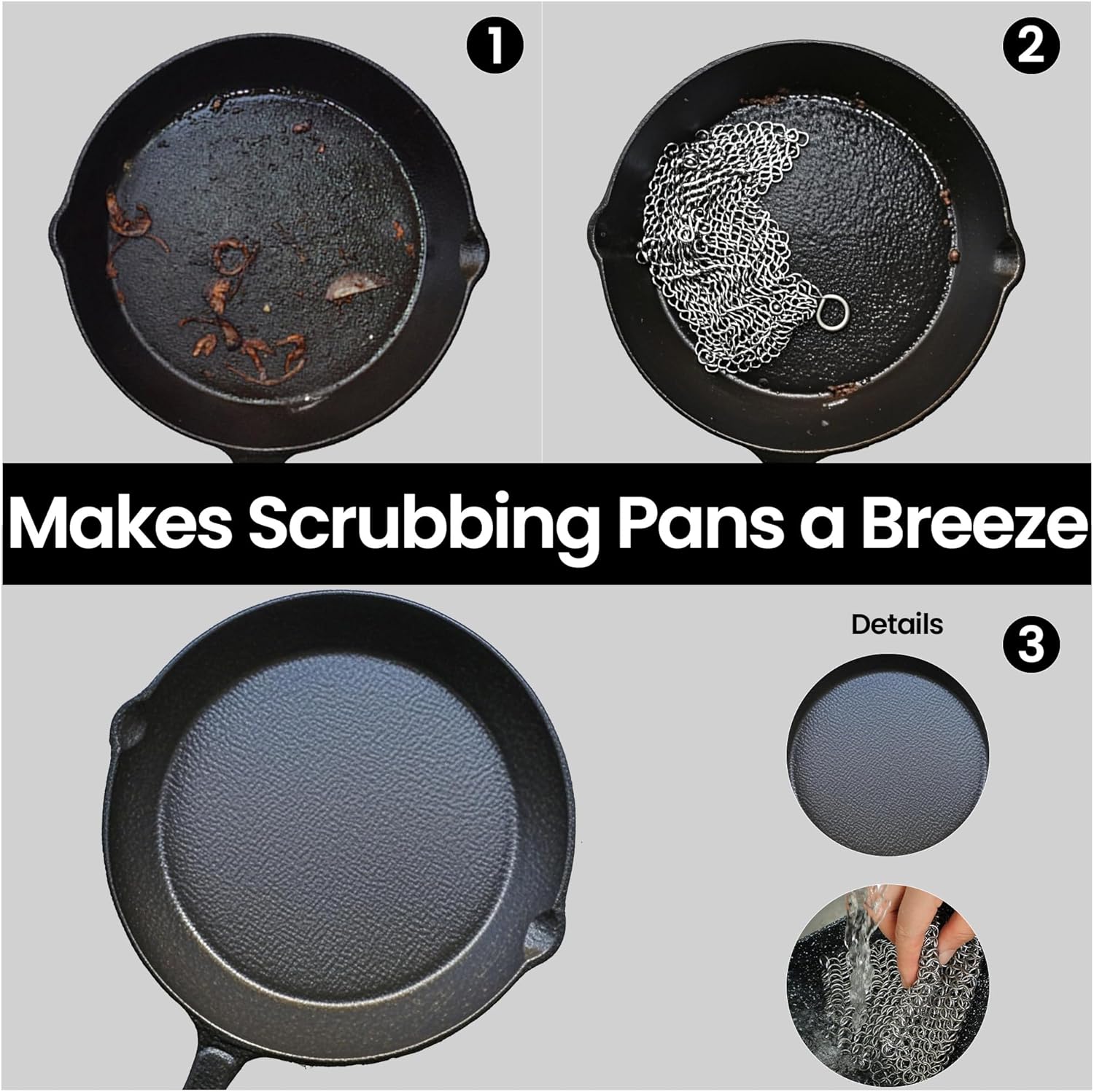 Cast Iron Scrubber 316 Stainless Steel Skillet Cleaner 8"x6" Chainmail Scrubber Scraper Chain Mail Link Scrub for Cast Iron Pre-Seasoned Pans, Griddles, BBQ Grills, and Pot Cookware Cleaning - Image 2