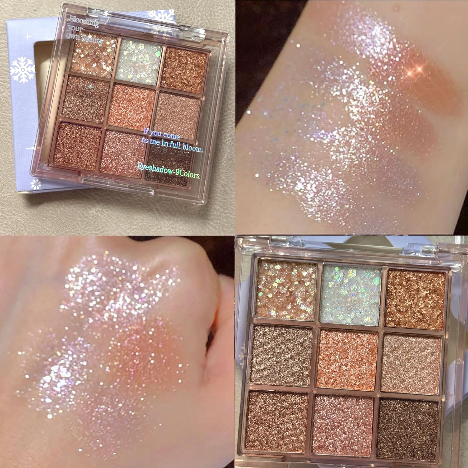 9 Colors Glitter Shimmer Eyeshadow Makeup Palette, Korean Sparkle Neutral Eye Shadow Palettes Highly Pigmented Long Lasting Waterproof Blendable sombras para ojos Pink White Golden Brown Eye Glitter - Image 3