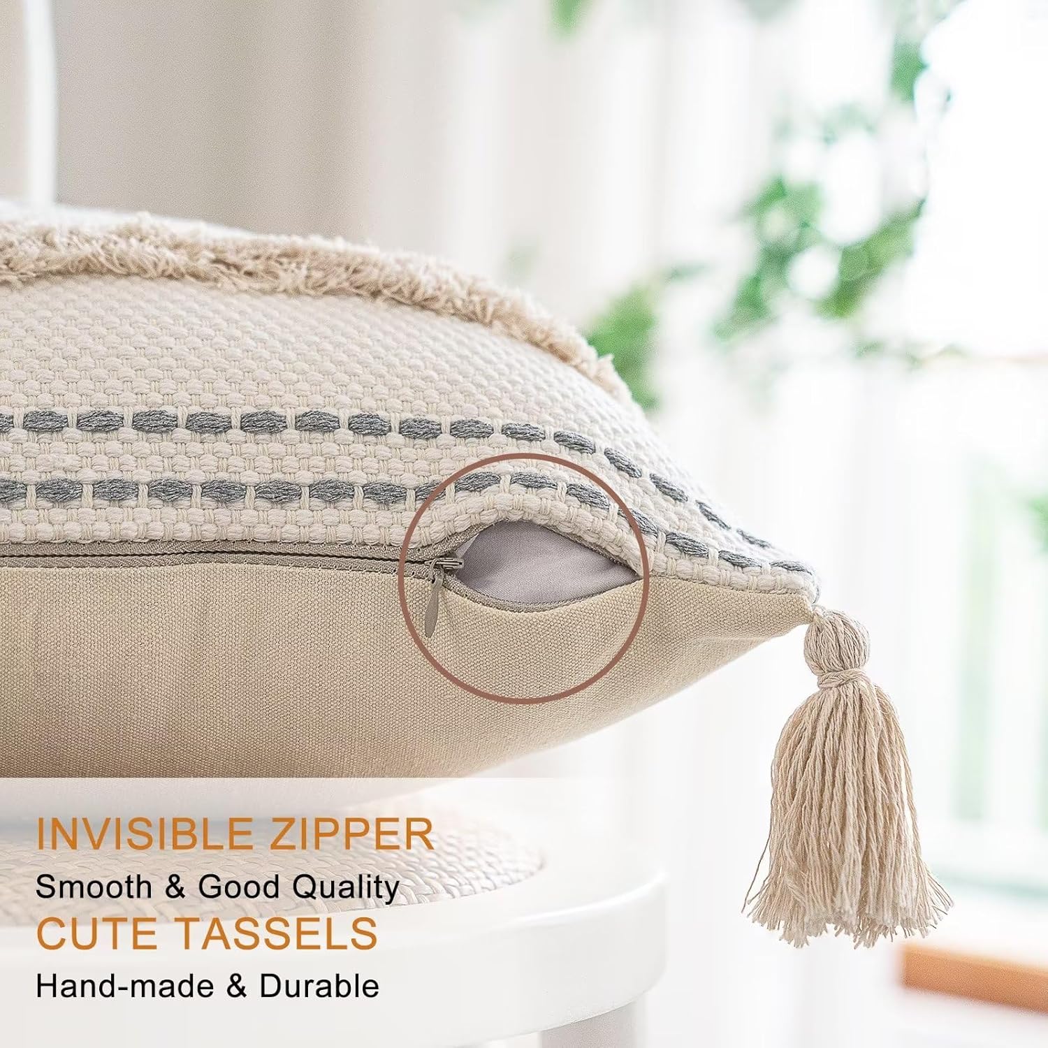 Boho Throw Pillow Covers 18x18 Set of 2 Woven Tufted Farmhouse Pillows Cover with Tassels Textured Striped Cushion Case Neutral Pillow Cases Decorative Pillowcase for Sofa, Couch, Bed, Khaki - Image 3