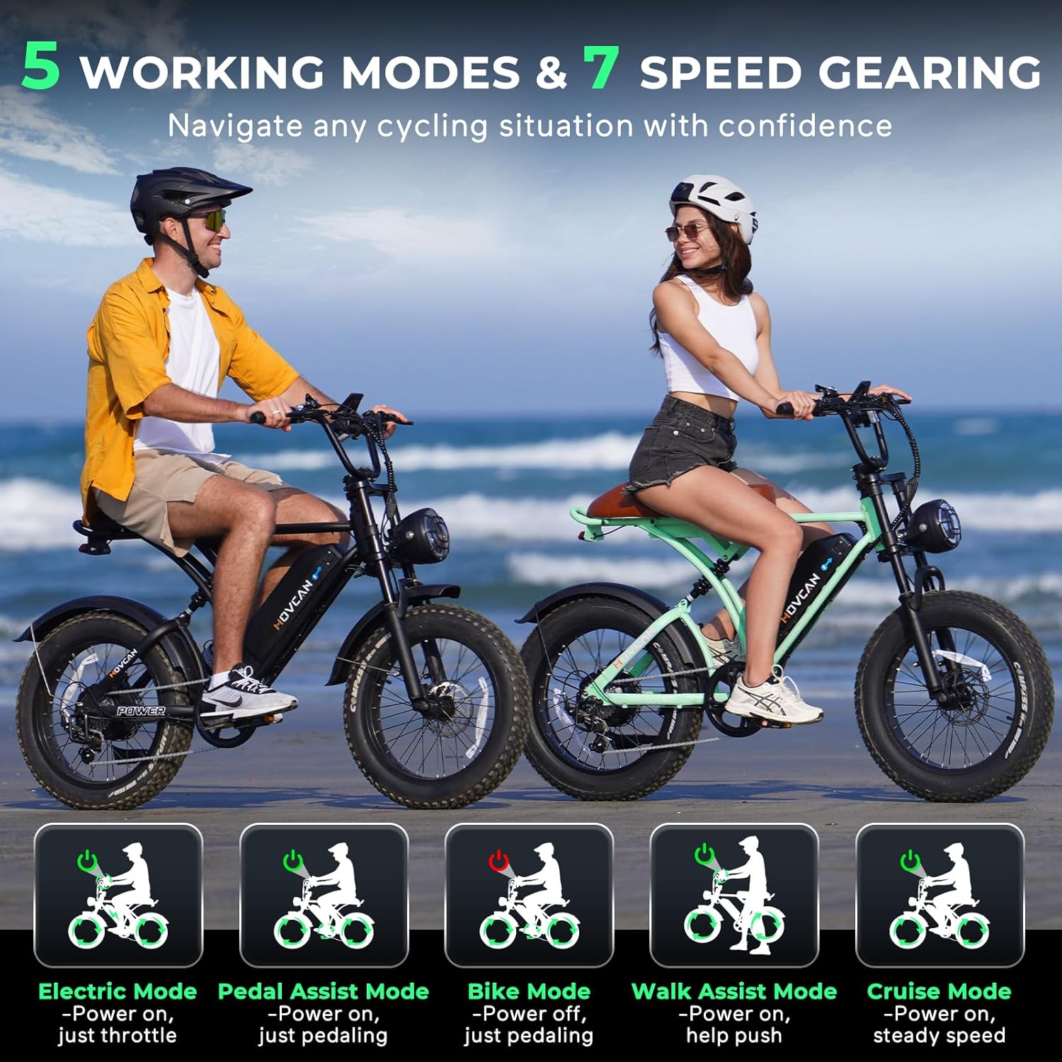 Movcan V60/V60 Pro Electric Bike, 48V 15.6/18.2Ah Removable Battery 20” Fat Tire Electric Bike, 1000/1500W Motor 30/33MPH Top Speed Electric Motorcycle, 7 Speed Dual Disc/Hydraulic Brake E Bikes - Image 7