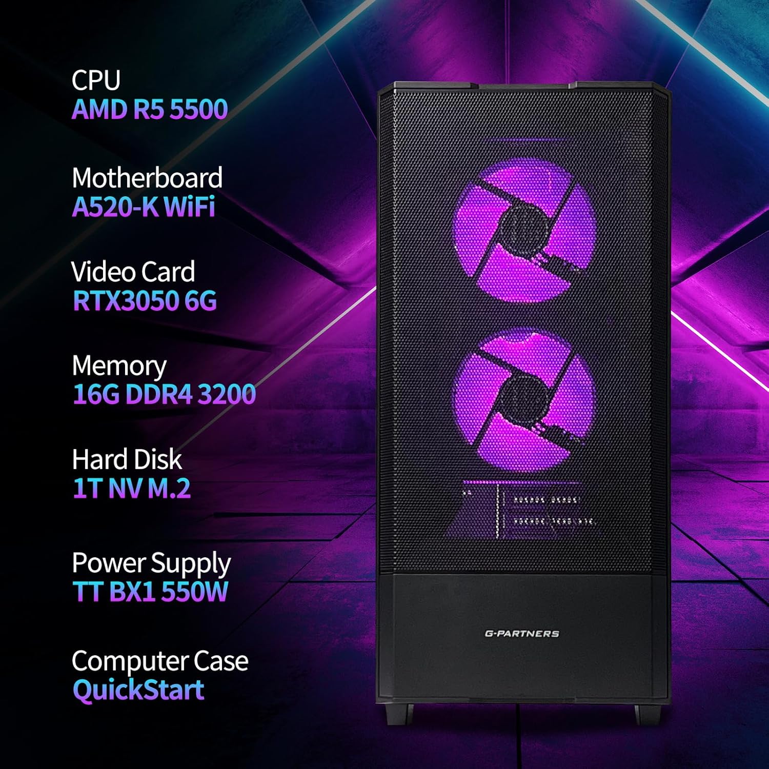 Gaming Desktop PC AMD R5 5500 GeForce RTX 3050 6GB,16GB DDR4 RAM,1TB NVMe SSD,ARGB Cooling, Prebuilt Gaming Computer - Image 2