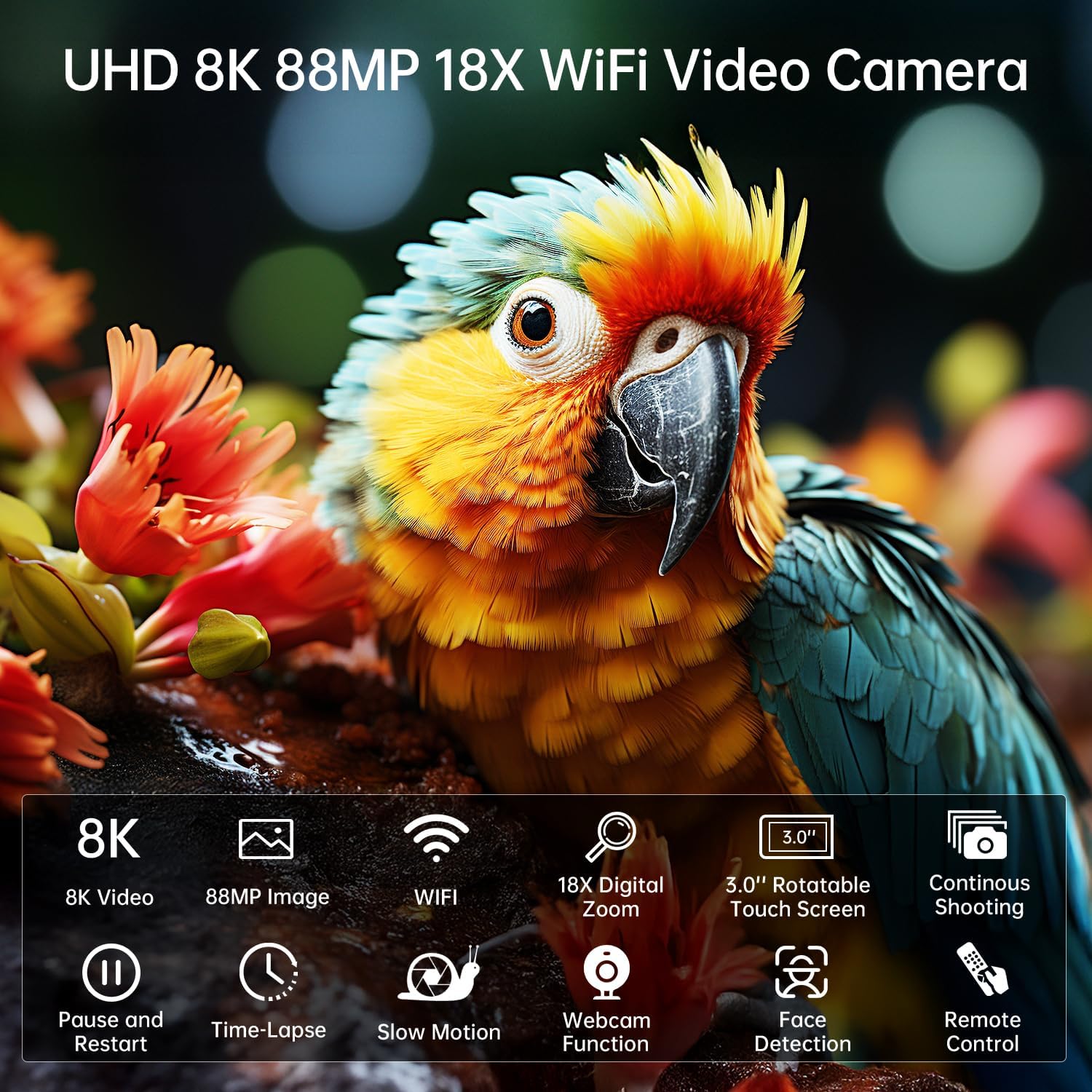 8K Video Camera Camcorder 88MP UHD WiFi Vlogging Cameras for YouTube 18X Digital Zoom IR Night Vision 3.0''Touch Screen Camera with 32GB Card, Microphone, Stabilizer, Lens Hood, Remote, Batteries - Image 7