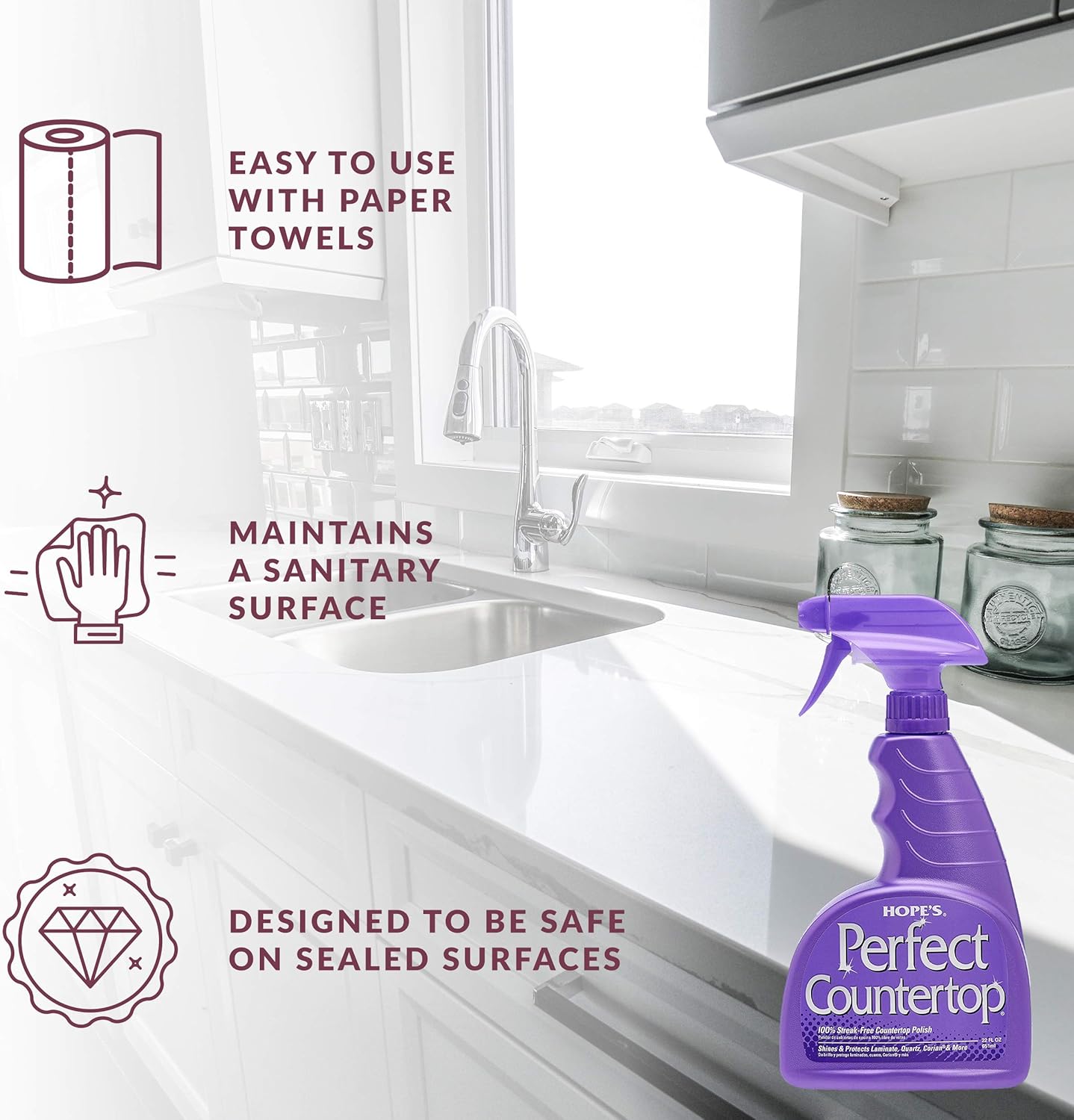 HOPE'S Perfect Countertop Cleaner and Polish 22-Ounce, Streak-Free Multi-Surface Cleaning Spray, Safe on Stone, Laminate, CORIAN, Granite, Quartz, Marble, Pack of 1 - Image 5