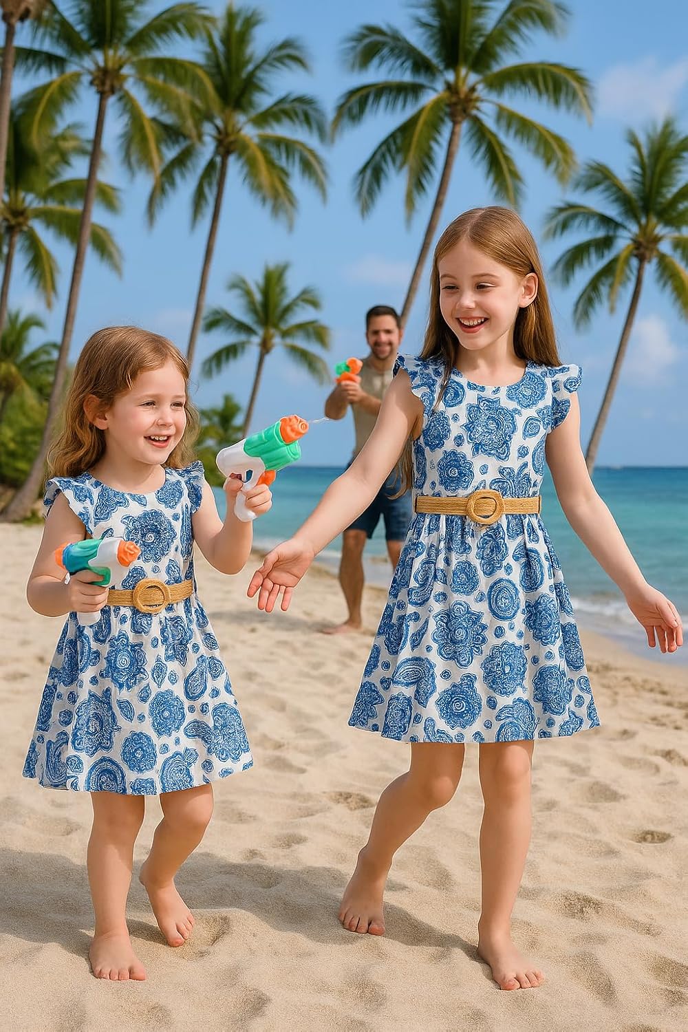 PATPAT Little Big Girls Dress Vintage Boho Floral Ruffle Short Sleeve Casual Swing Dress with Braided Belt - Image 2