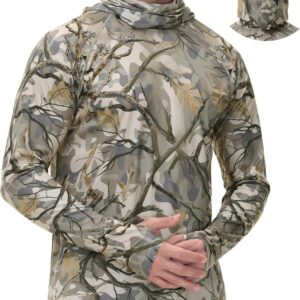 FISHEAL Men’s Hunting Shirts with Mask – UPF 50+ Camo Long Sleeve Fishing Hoodie Shirt with Adjustable Drawstring