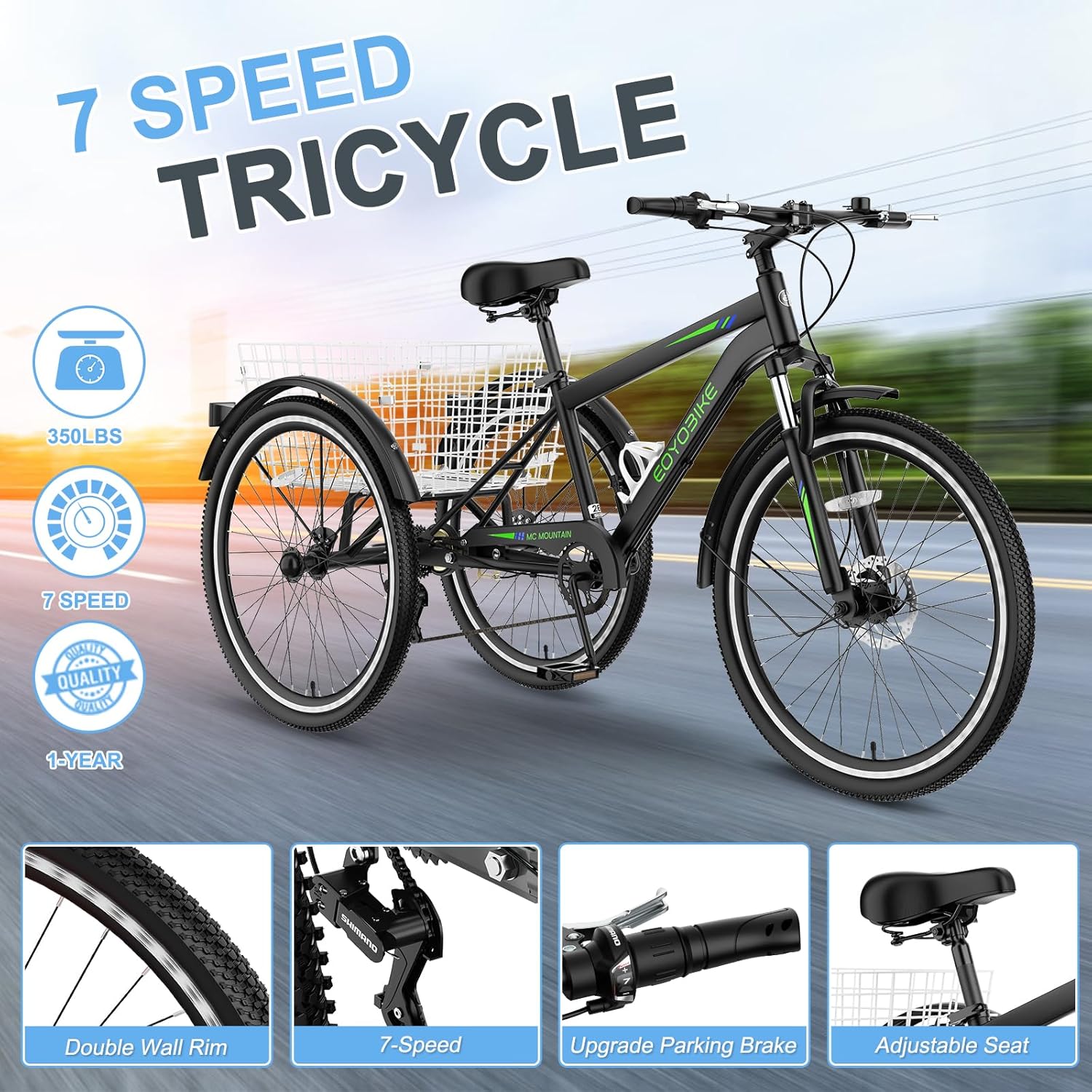 Slsy Adult Mountain Tricycle, 7 Speed Three Wheel Bike, 24/26 Inch Adults Trikes for Seniors with Shopping Basket, Exercise Men's Women's Tricycles - Image 3