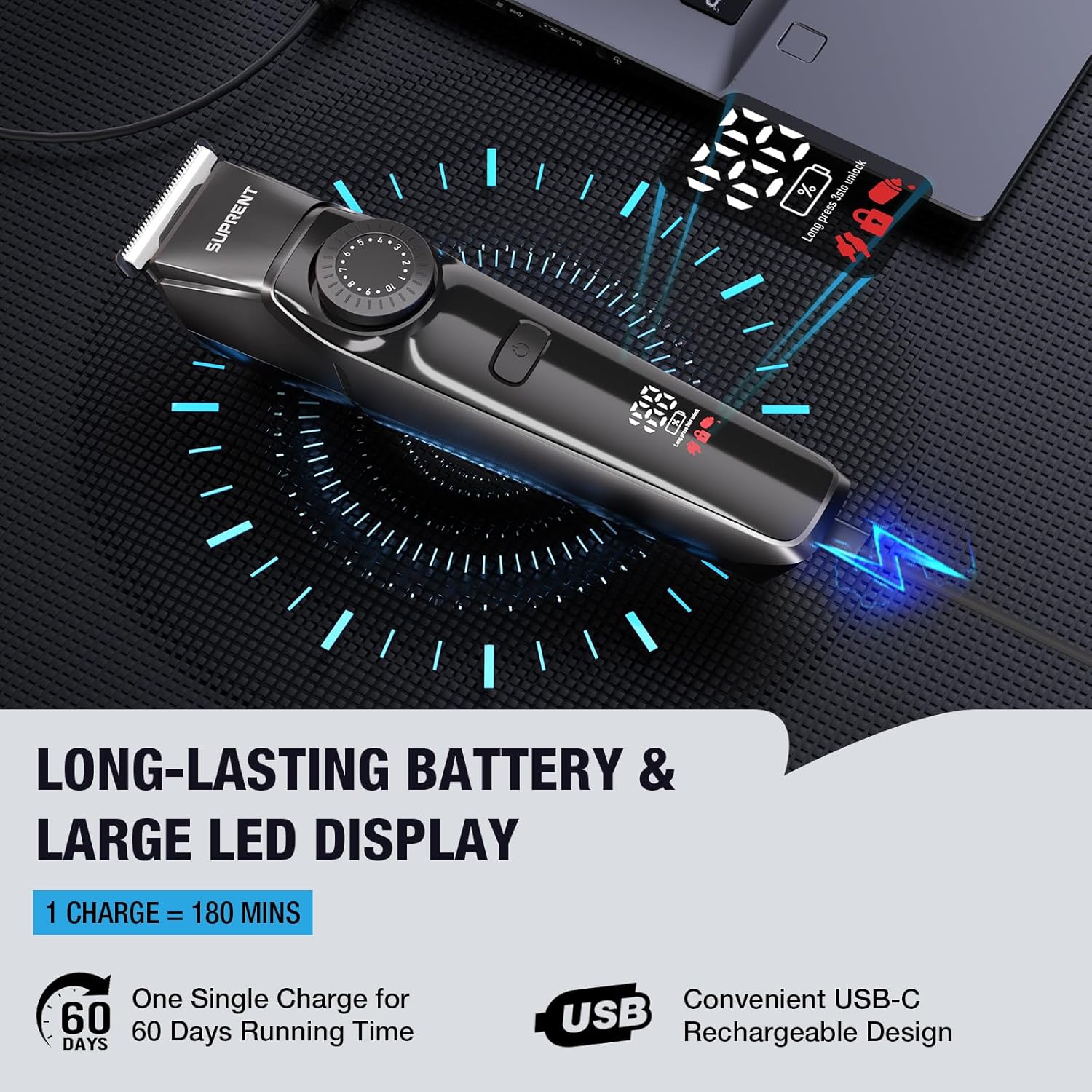 SUPRENT Beard Trimmers for Men - All-in-One Mens Grooming Kits with 40 Precision Dials,Waterproof Adjustable Trimmers for Hair, Beard, Face, Nose & Body, USB-C Rechargeable, 3.5H Running Time (Black) - Image 5