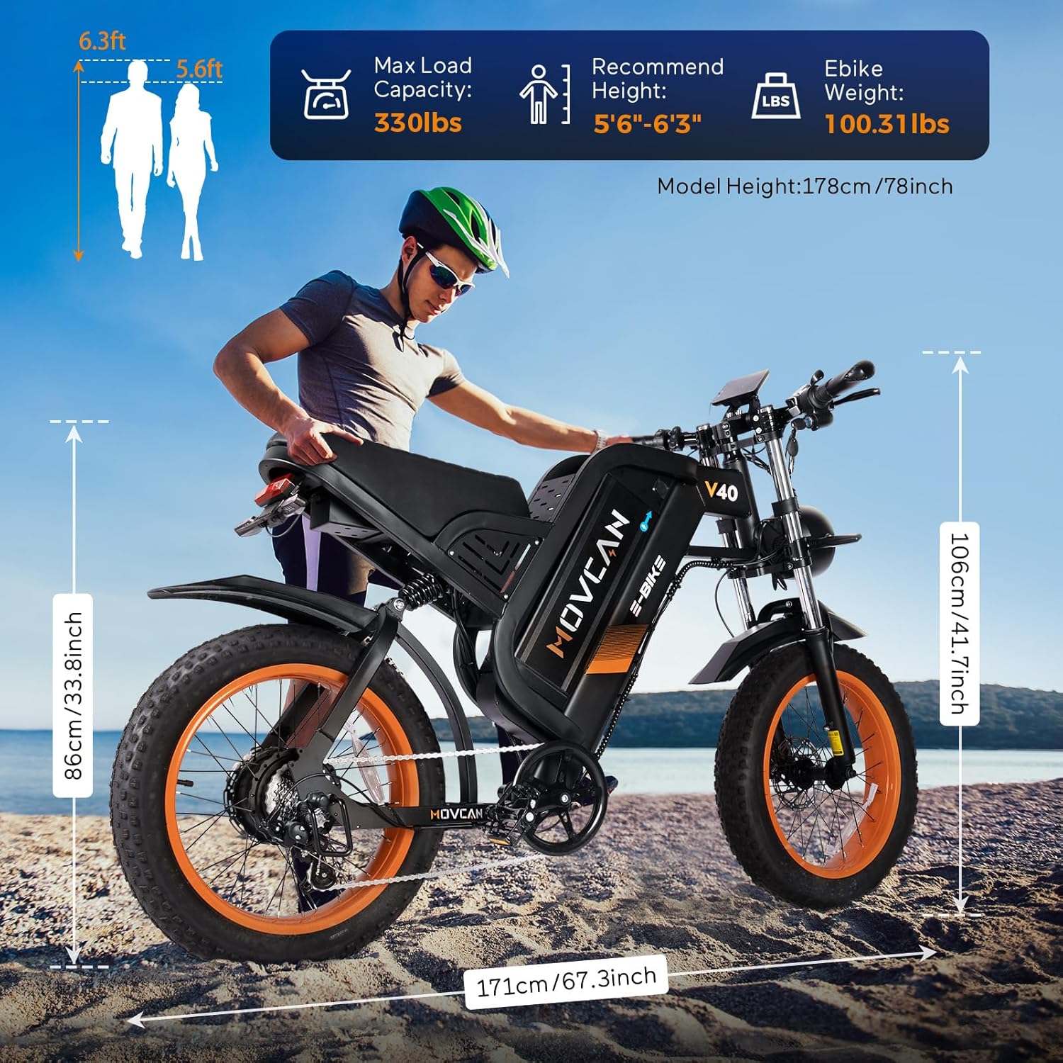 Movcan V40 Electric Bike For Adults,48V25Ah Removable Battery 20” Fat Tire Dirt Bike,1500W Motor 35MPH Top Speed 120 Miles Range Electric Motorcycle,7 Speed Dual Hydraulic Brake Ebikes For All-Terrain - Image 6