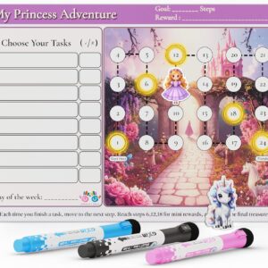 Mimi Doodle Magnetic Reward Chart for Kids – 16×12 Reusable Progress Path & Milestone Board for Fridge with mini Magnetic Characters as Goal Tracker – Behavior Chart for Kids at Home – Princess Quest