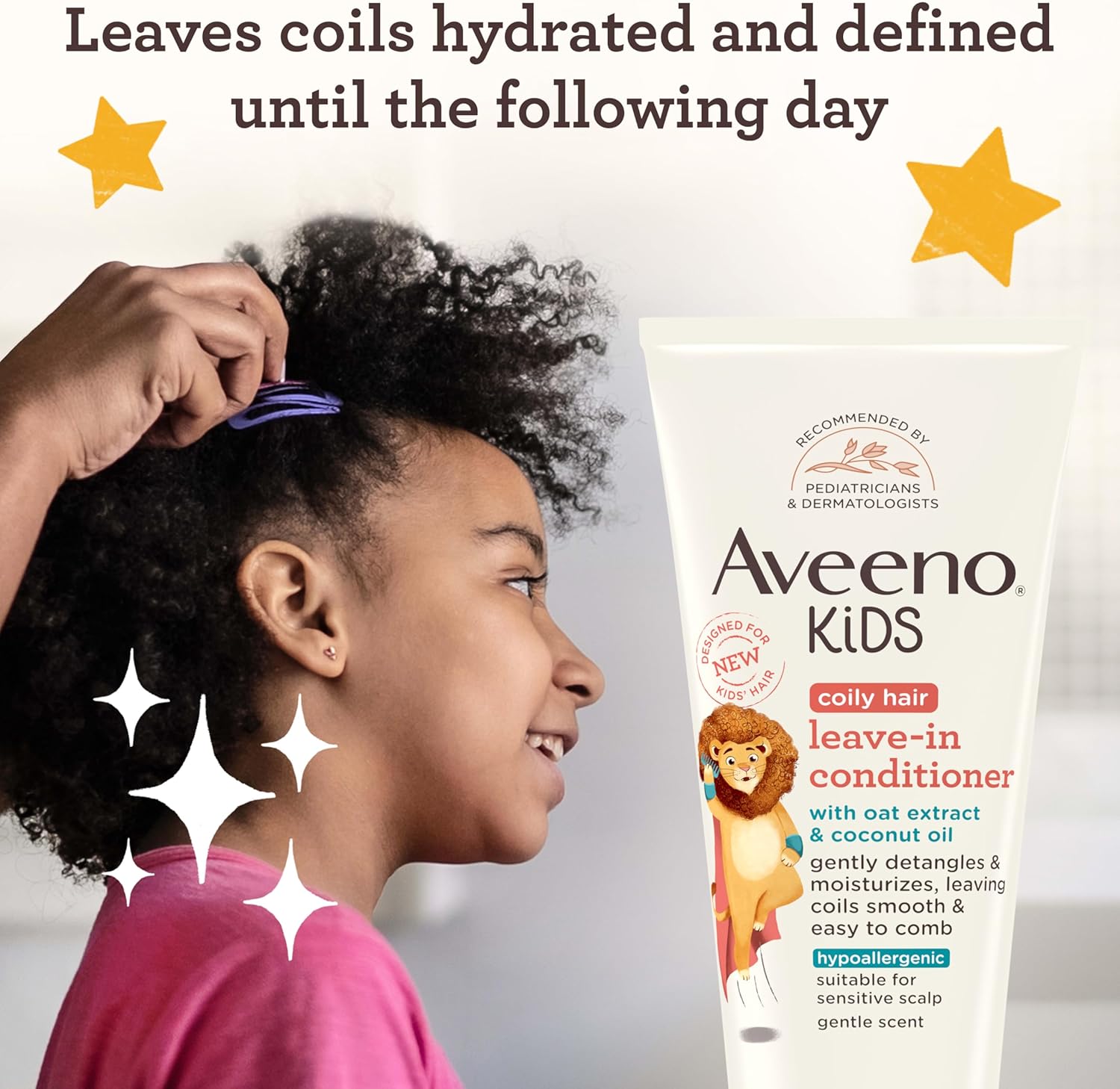 Aveeno Kids Coily Hair Leave-In Conditioner, Toddler Leave-In Conditioner for Sensitive Scalps Gently Detangles & Moisturizes Leaving Natural Curls & Coils Smooth, Hypoallergenic, 8 fl. oz - Image 2