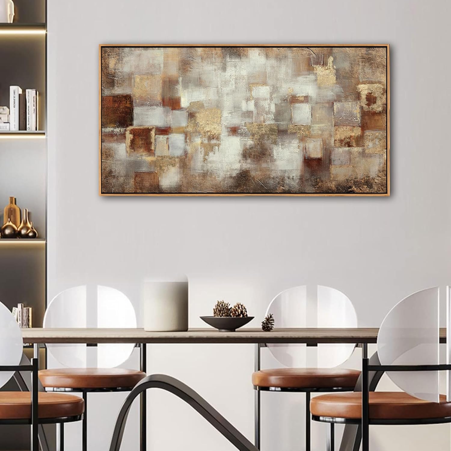 YCPRIMER Brown Abstract Wall Art - Gold Canvas Wall Decor for Living Room - Modern Grid minimalist Picture - Oil Painting Print for Bedroom Office Artwork Easy to Hang 20×40INCH - Image 4