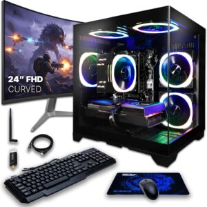 SAAV CORE Prebuilt Gaming PC Bundle Desktop Tower AMD Ryzen 5 5500 GeForce RTX 3050 6GB GDDR6 Curved 24in Monitor 16GB DDR4 512GB NVMe SSD WiFi 6 Windows 11 Black RGB Computer PC Gaming