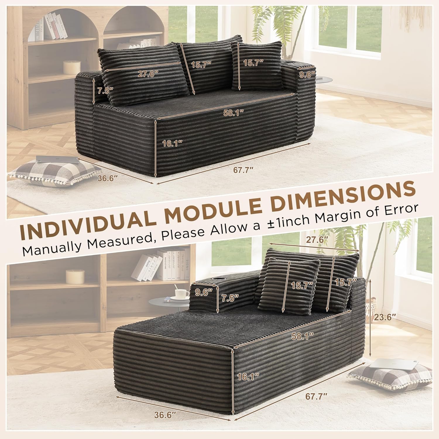 Modular Compressed Sectional Sofa Set – Velvet Corduroy Upholstery, Convertible Couch with Cup Holders and Pillows for Living Room, Grey - Image 3