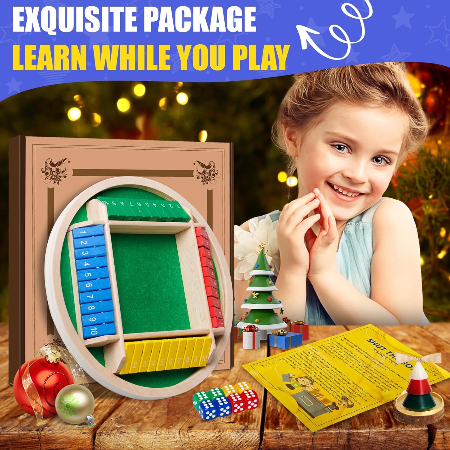 Shut The Box Dice Game,2-4 Player Family Wooden Board Table Math Games, 8 Dices Classics Tabletop Version Games for Classroom,Home,Party or Pub - Image 6