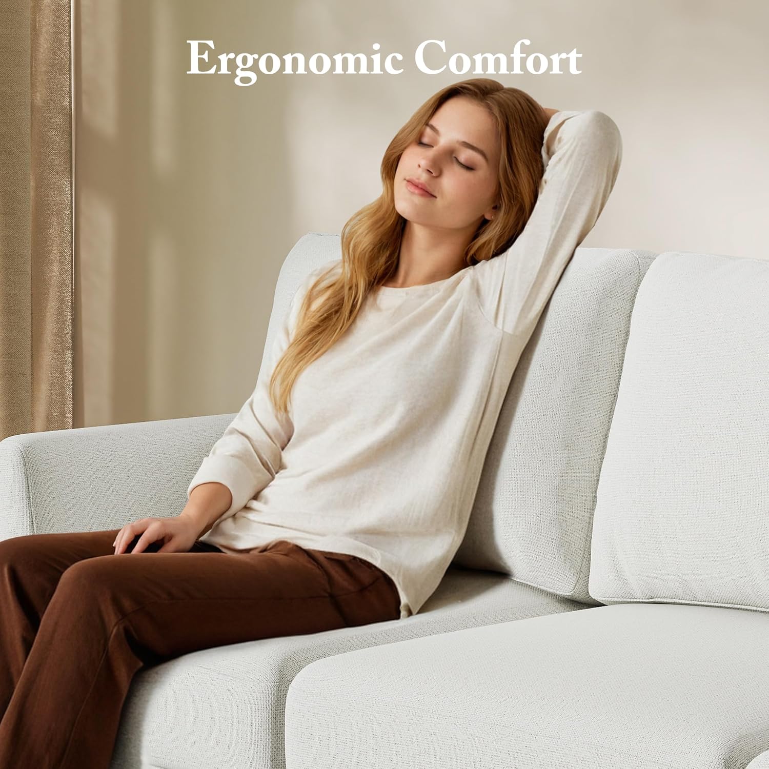 3 Seater Sofa Couch with Deep Seats, 89" Mid Century Modern Upholstered Sofa with Armrests, Comfy Couches for Living Room, Bedroom, Apartment and Office (Beige) - Image 3