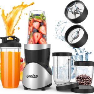 Ganiza Smoothie Blender, 900W Blenders for Shakes and Smoothies, 15-Piece Personal Blender and Grinder Combo for Kitchen, Smoothies Maker with 4 BPA-Free Portable Cup, Nutritious Recipe