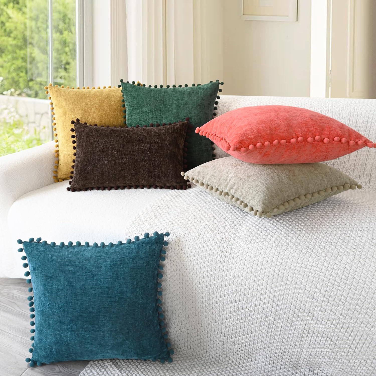 CaliTime Throw Pillow Covers Decorative 20 X 12 Inches Pack of 2 Cozy Solid Dyed Soft Chenille Cushion Cases with Pom Poms for Couch Sofa Bed Living Room Home Gold - Image 4