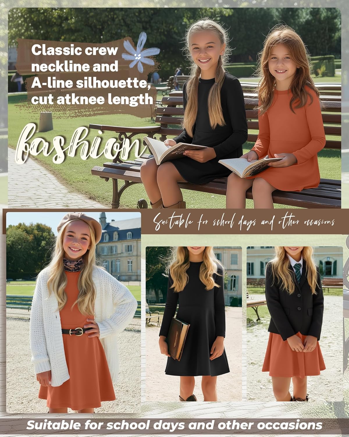 2 Pack Girls Long Sleeve Dress Skater Twirl a Line Crewneck Casual Fall Dresses for Kids 5-14 Years - Image 3