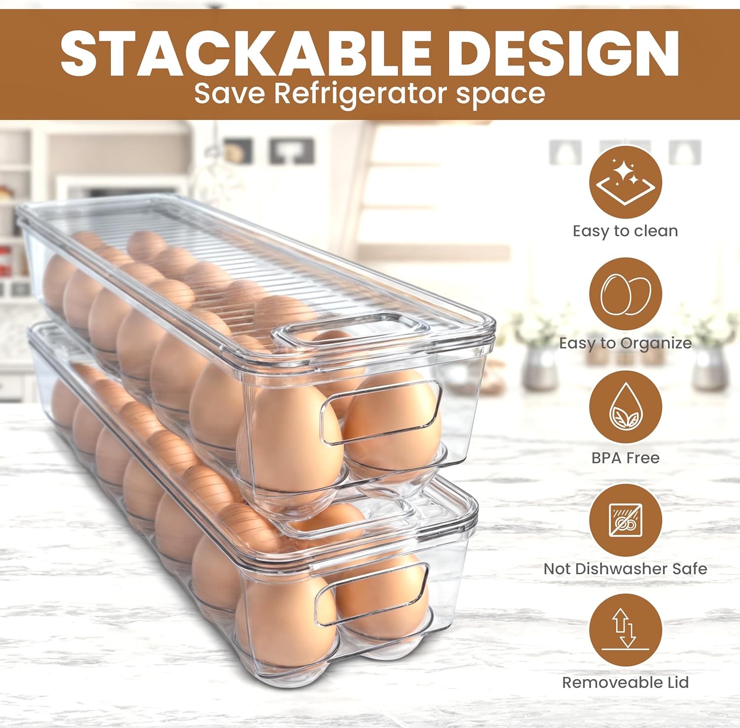 Utopia Home Egg Container With Lid and Handle for Refrigerator Organization- Pack of 2 - Clear Stackable Egg Holder for Kitchen or Pantry Organizers and Storage - Image 4