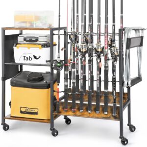 Olakee Fishing Rod Holders, Rolling Fishing Rod Rack for Garage & Boat, Tackle Box & Reel Holder Cart, Easy Assembly Fishing Gear Management System, Ideal Birthday Gift for Men Dad Anglers