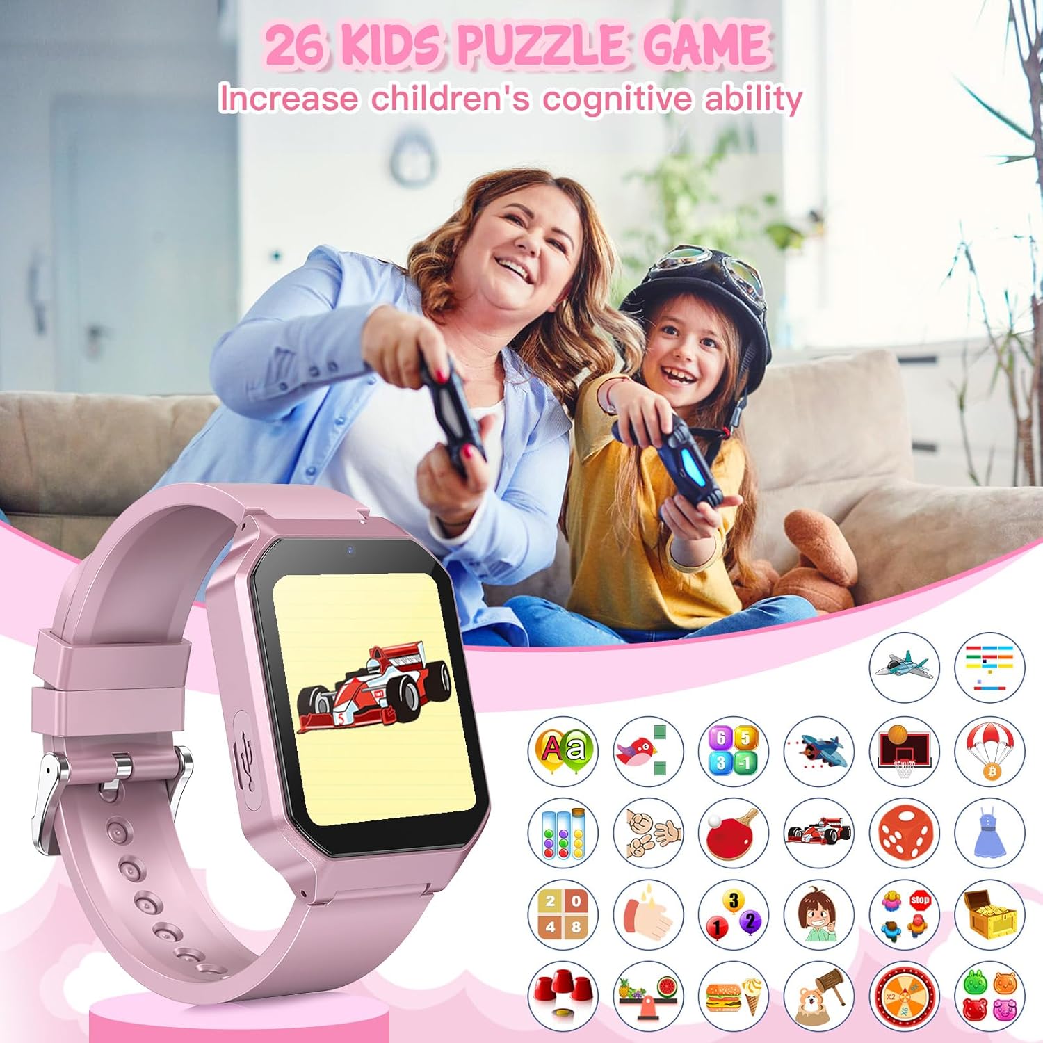 Smart Watch for Kids 3-12 Years Boys Girls, 26 Puzzle Games, Smartwatch with Camera, Pedometer, Stopwatch, Video Voice Music Player Calendar Alarm Clock Learn Card for Children Gifts (Pink) - Image 5