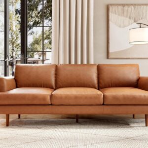 Valencia Grosseto 87” Cognac Tan Brown 3 Seater Full Leather Sofa | Mid Century Italian Nappa Leather Couch for Living Room Furniture | Double Stitched Seams, Removable Cushions