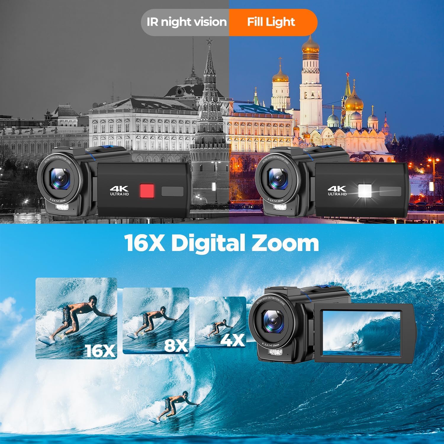 Video Camera Camcorder 4K, 48MP Cam Corder with IR Night Vision, 16X Zoom Vlogging Video for YouTube, 3.0" 270° Rotation Touch Screen Podcast Camera with Battery/32GB SD Card/Remote Control - Image 3