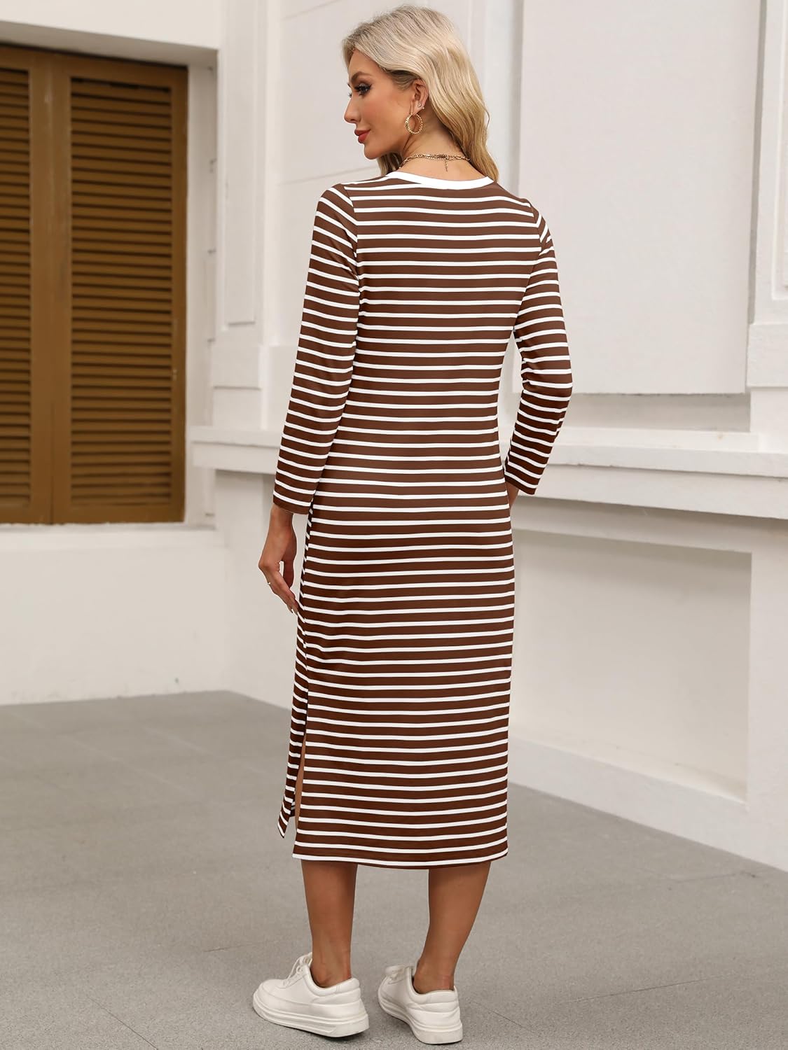 ANRABESS Womens 3/4 Sleeve Striped Slit Midi T Shirt Dresses 2026 Summer Casual Beach Vacation Clothes Spring Travel Sundress - Image 6